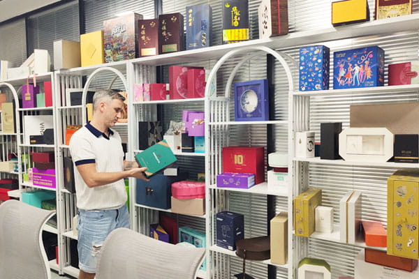Samples of gift packaging from China on factory shelves